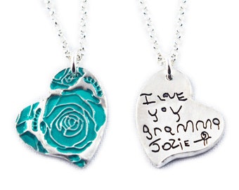 Signature Necklace, Handwriting Jewelry for mom, Signature Pendant, Memorial Jewelry, Silver Necklace, Heart shape with Color and Design