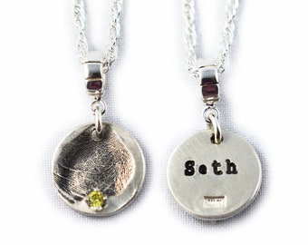 Fingerprint Necklace, Fingerprint Jewelry - Circle Shaped Fingerprint Pendant with birthstone and name on the back