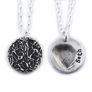 Fingerprint Necklace, Fingerprint Jewelry - Hidden Fingerprint Pendant with name and design of choice on the front