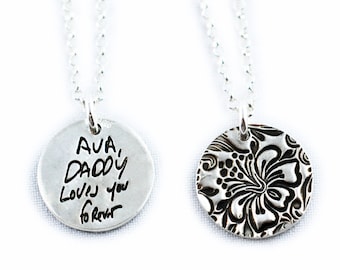 Memorial Jewelry Signature Necklace Your Loved One's Actual Writing or Signature on a small circle Silver Pendant - Handwriting Jewelry