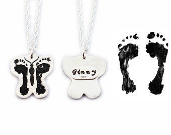 Keepsake baby footprints butterfly silver pendant - Footprint Necklace - Footprint Jewelry / Memorial Jewelry / Mom Gift / Grandmother Gift