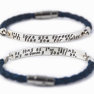 I&#39;ll love you forever, I&#39;ll like you for always, as long as I&#39;m living, my mommy you&#39;ll be - sterling & leather bracelet - mom gift