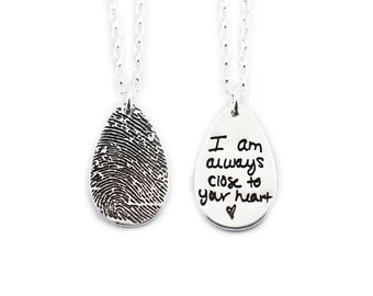 Actual Writing Signature and Fingerprint on a Silver Pendant - Signature Necklace - Memorial Jewelry for Men and Women - Handwriting Jewelry