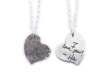 Fine Silver Fingerprint Heart Necklace, Handwriting Memorial Jewelry