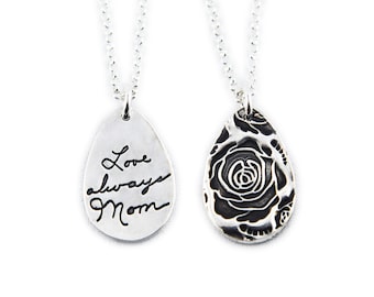 Memorial Jewelry Signature Necklace Your Loved One's Actual Writing or Signature on a Tear Drop Silver Pendant - Handwriting Jewelry