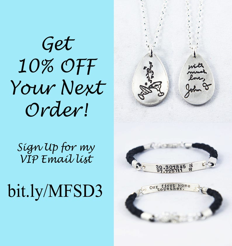 May include: Silver pendant necklaces and bracelets. One necklace has a cocktail design, the other has handwriting that says "with much love, John D". Bracelets have black braided bands and engraved silver bars with coordinates and text.