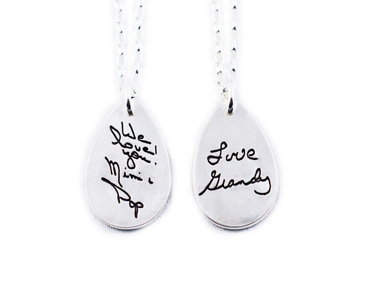 Memorial Jewelry Signature Necklace Your Loved One's Actual Writing or Signature on a Tear Drop Silver Pendant Handwriting Jewelry image 1