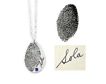 Fine Silver Teardrop Fingerprint Necklace, Handwriting & Birthstone Pendant