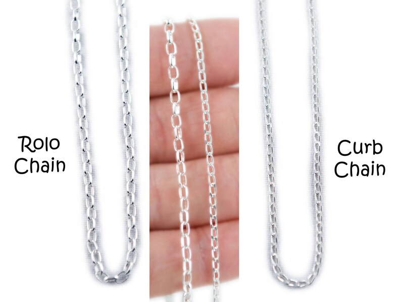 May include: Three silver chain styles are displayed against a white background. The chains are labeled "Rolo Chain" and "Curb Chain". The Rolo chain has oval links, while the Curb chain has flattened, interlocking links. The middle chain is a close-up of the Rolo chain.