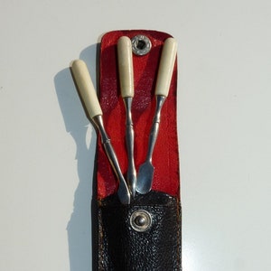 Vintage Manicure Set With Bone Handles Quality Steel Shafts and Original Leather Case French