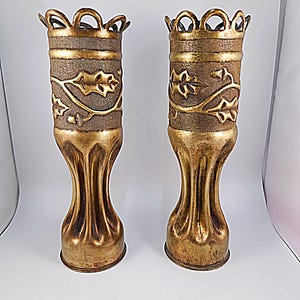 Trench Art Vases, Fluted French Vases, Bronze Artillery Shell Vases, Fired at Battle of the Somme 1916, WWI Souvenir Vases