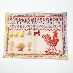 Antique French Sampler – Dated 1893, Folk Art Embroidery, Hand Stitched Textile Art, 27x20cm, Rustic Country Décor