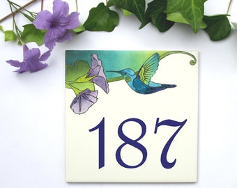 Custom house numbers sign, Ceramic numbers plaque , Personalized house sign, Address sign with Hummingbird