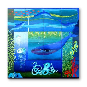 Nautical tile art, Ocean wall decor, Ceramic tile mural, Fish wall art