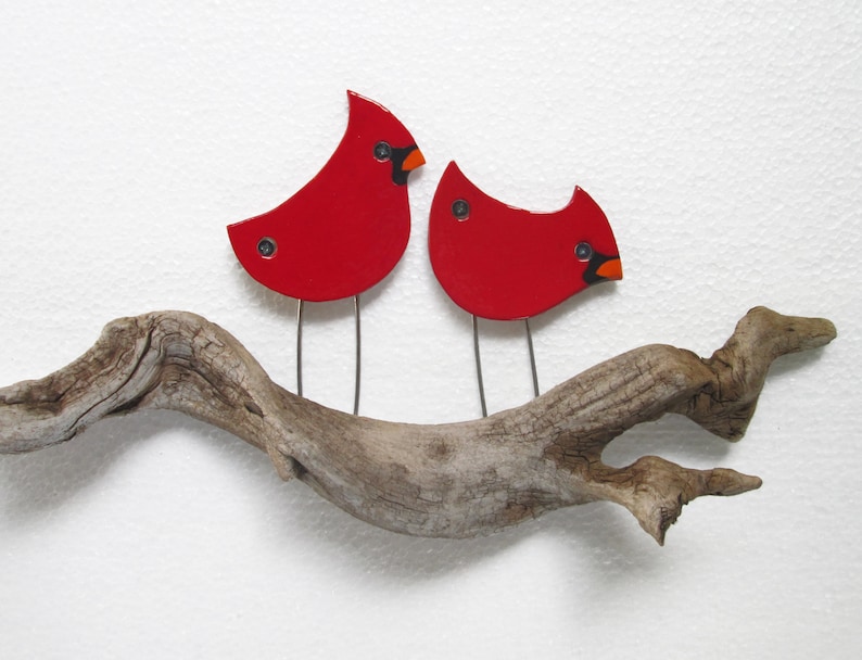 May include: Two red cardinal birds with black eyes and orange beaks perched on a weathered driftwood branch.