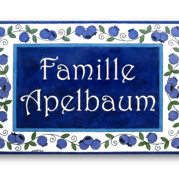 Custom ceramic name sign with blueberries, Ceramic family name sign, Custom house sign, Personalized last name sign