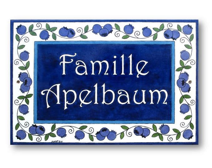 Custom ceramic name sign with blueberries, Ceramic family name sign, Custom house sign, Personalized last name sign
