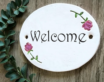 Ceramic Welcome sign, Front porch decor, Personalized home sign, Welcome plaque, Garden decor, Housewarming gift