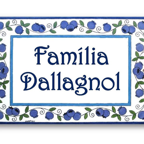 Ceramic family name sign with blueberry, Custom name sign, Ceramic last name sign, Personalized house sign