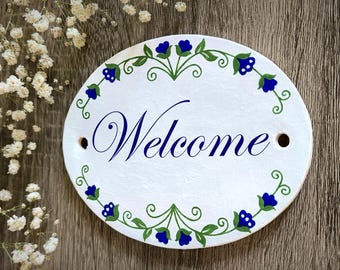 Ceramic Welcome sign, Oval tile door decor, Personalized home sign, Welcome plaque, Housewarming gift