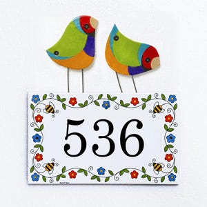 Custom address sign, Ceramic house sign, Personalized address numbers, House numbers tile with songbirds