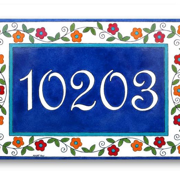 Address Numbers, House Number, Hand Painted Tiles, Flowers Pattern