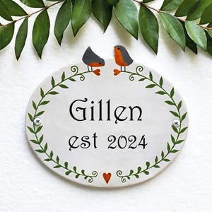 Custom house sign with songbirds, Ceramic name sign, Personalized house plaque, Family name tile