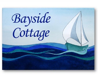 Custom name tile, Ceramic house sign, Personalized name plaque, Sailboat sign for beach house, Address sign