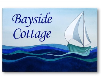 Custom name tile, Ceramic house sign, Personalized name plaque, Sailboat sign for beach house, Address sign