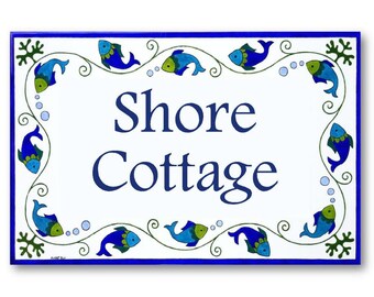 Custom Name Sign with Fish, Ceramic House Name Sign, Coastal House Sign, Personalized House Name Tile