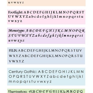 May include: A visual comparison of different font styles, including Goudy, Footlight, Monotype, Felix, Century Gothic, and Harrington. Each font style is displayed with the alphabet in uppercase and lowercase letters.