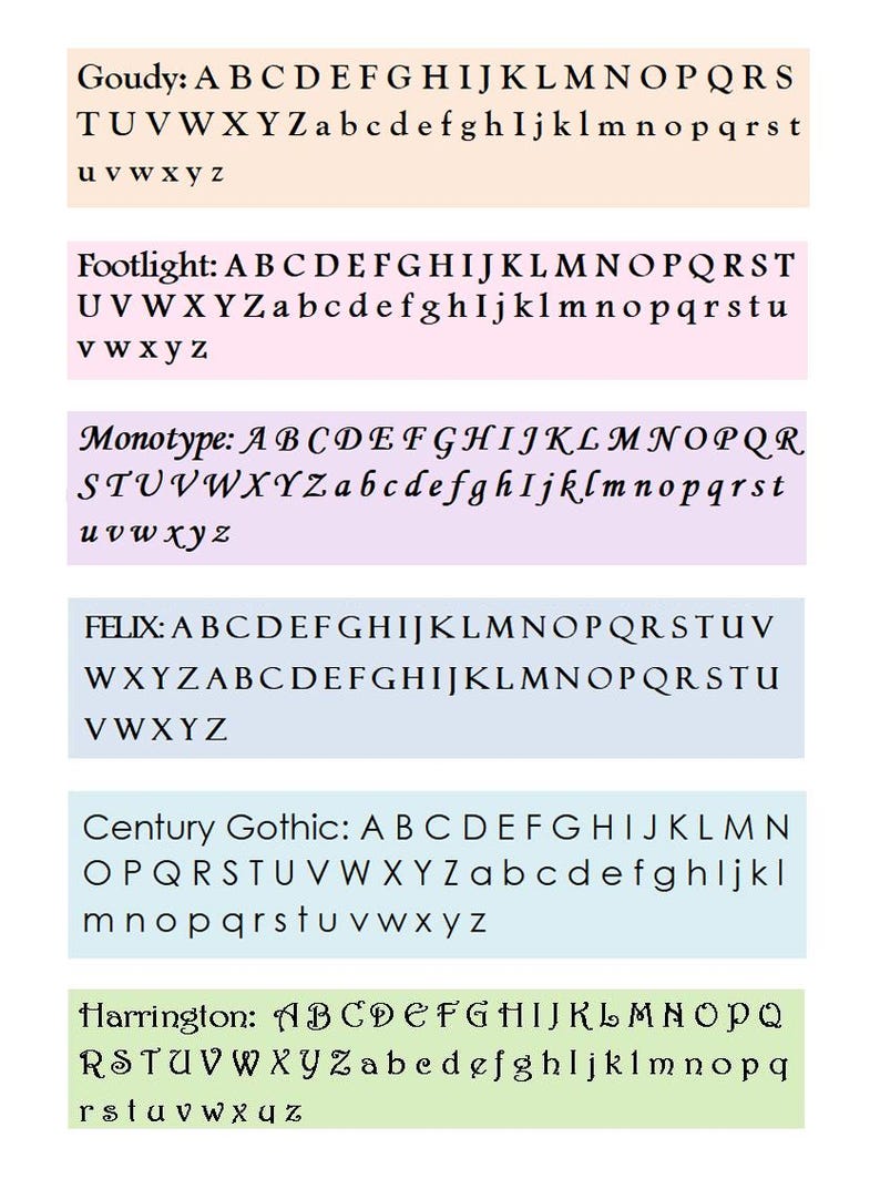 May include: A visual comparison of different font styles, including Goudy, Footlight, Monotype, Felix, Century Gothic, and Harrington. Each font style is displayed with the alphabet in uppercase and lowercase letters.