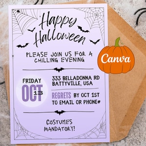 Customizable 5x7 Spooky Cobwebs BIRTHDAY or HALLOWEEN Party Invitation | Canva Editable |  Purple Whimsical Spiders and Bats