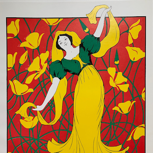 May include: A woman in a yellow dress and green bodice dances against a red background with yellow flowers. The woman's hair is long and flowing, and she is holding a yellow scarf in her right hand.