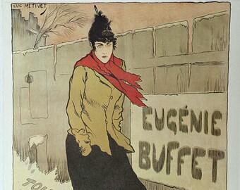 May include: A vintage poster advertising a performance by Eugénie Buffet at the Ambassadeurs. The poster features a woman in a yellow jacket, red scarf, and black skirt walking down a street. The text on the poster reads "Eugénie Buffet" and "Tous les Soirs Ambassadeurs".
