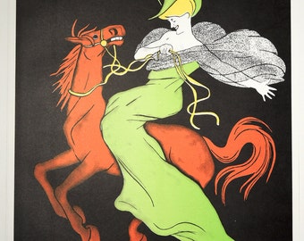 May include: A black and white illustration of a woman riding a red horse. The woman is wearing a green dress and a green hat. The image is signed "Forain 1403".