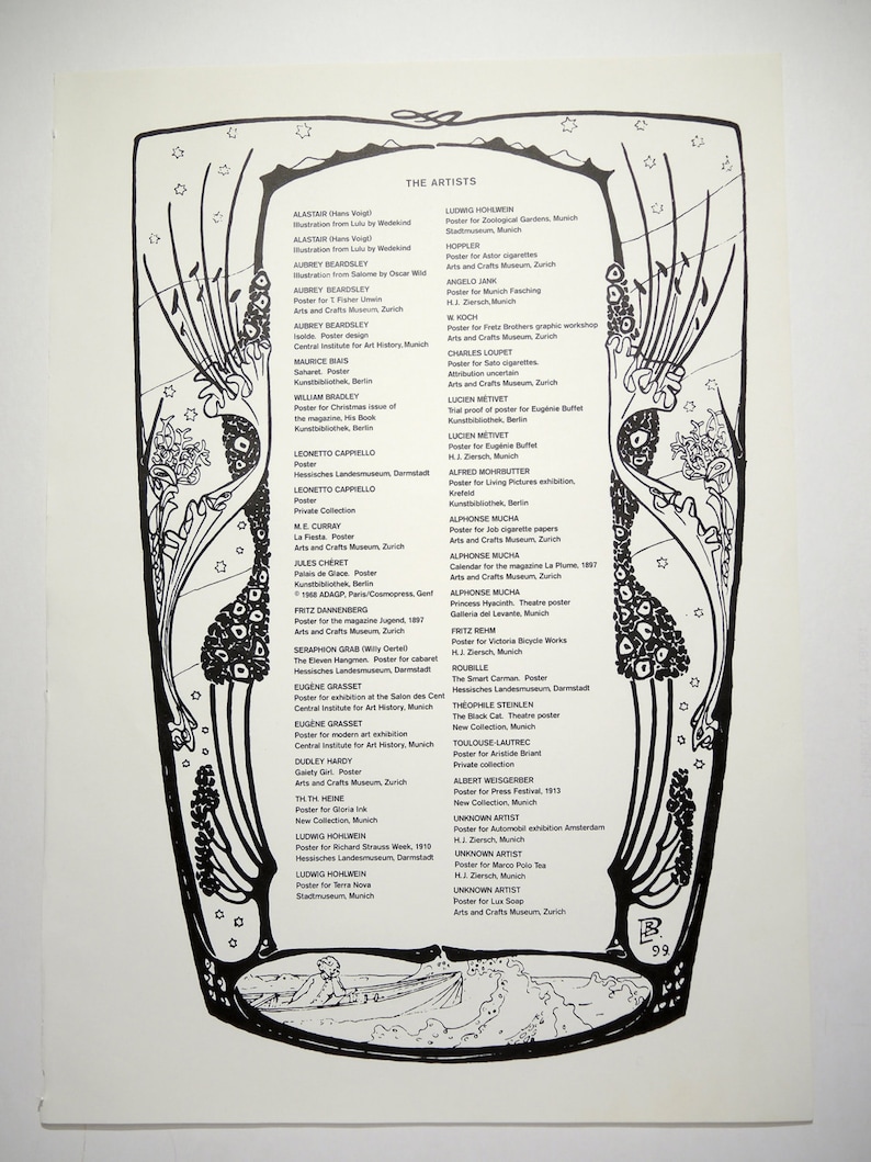 May include: A black and white illustration of a tree with branches that form the names of artists and their works. The tree is surrounded by stars and the text "The Artists" is at the top of the image.