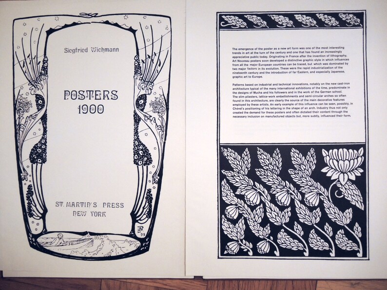 May include: Black and white illustration of a decorative frame with the text "Posters 1900" and "St. Martin's Press New York". The frame features a stylised floral design with a bird-like figure on each side.