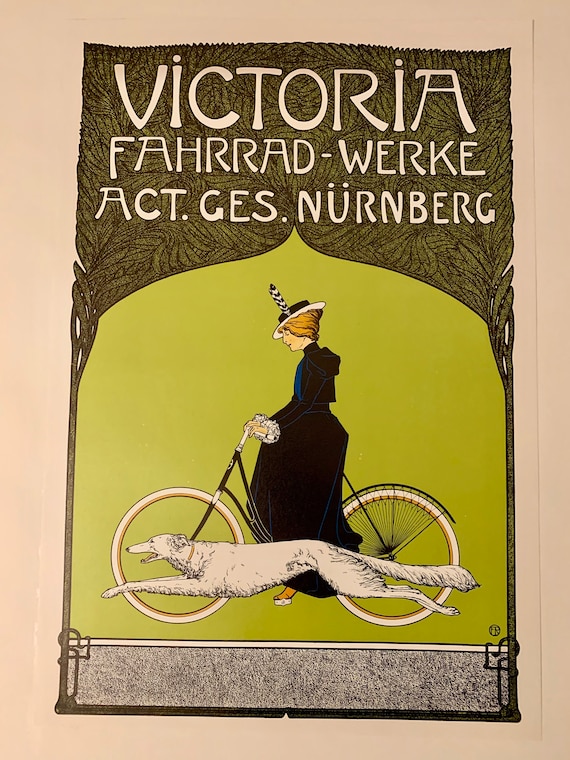 Fritz Rehm Poster for Victoria Bicycle Works , Art Nouveau Poster, Vintage Serigraph Print, H.J. Ziersch Munich, West Germany Printing