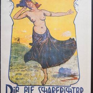 May include: A vintage poster advertising a performance of "Die Elf Scharfrichter" at the "M&uuml;nchener K&uuml;nstlerbretl" in Munich, Germany. The poster features a colourful illustration of a woman in a flowing blue and red dress, dancing against a yellow sunset background.
