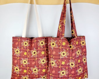 Burgundy Plaid Sunflowers Tote Bag, Canvas Grocery Tote Bag, Grocery Tote, Reusable Tote