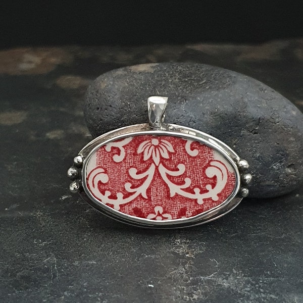 Silver pendant with broken china, Villeroy & Boch porcelain, one of a kind, unique, broken china jewelry