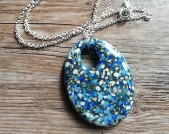 Blue and White Fused Glass Pendant Necklace with Silver Effect Chain. Free UK Shipping.