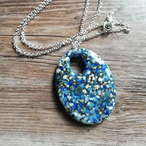Blue and White Fused Glass Pendant Necklace with Silver Effect Chain. Free UK Shipping.
