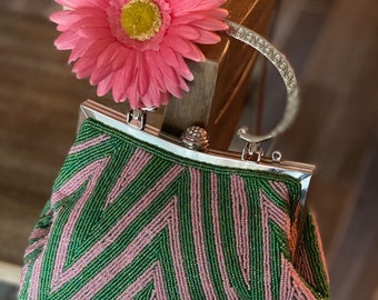 IN STOCK NOW Salmon Pink and Candy Apple Green Vintage Style Beaded Handbag with Kiss Close Handle