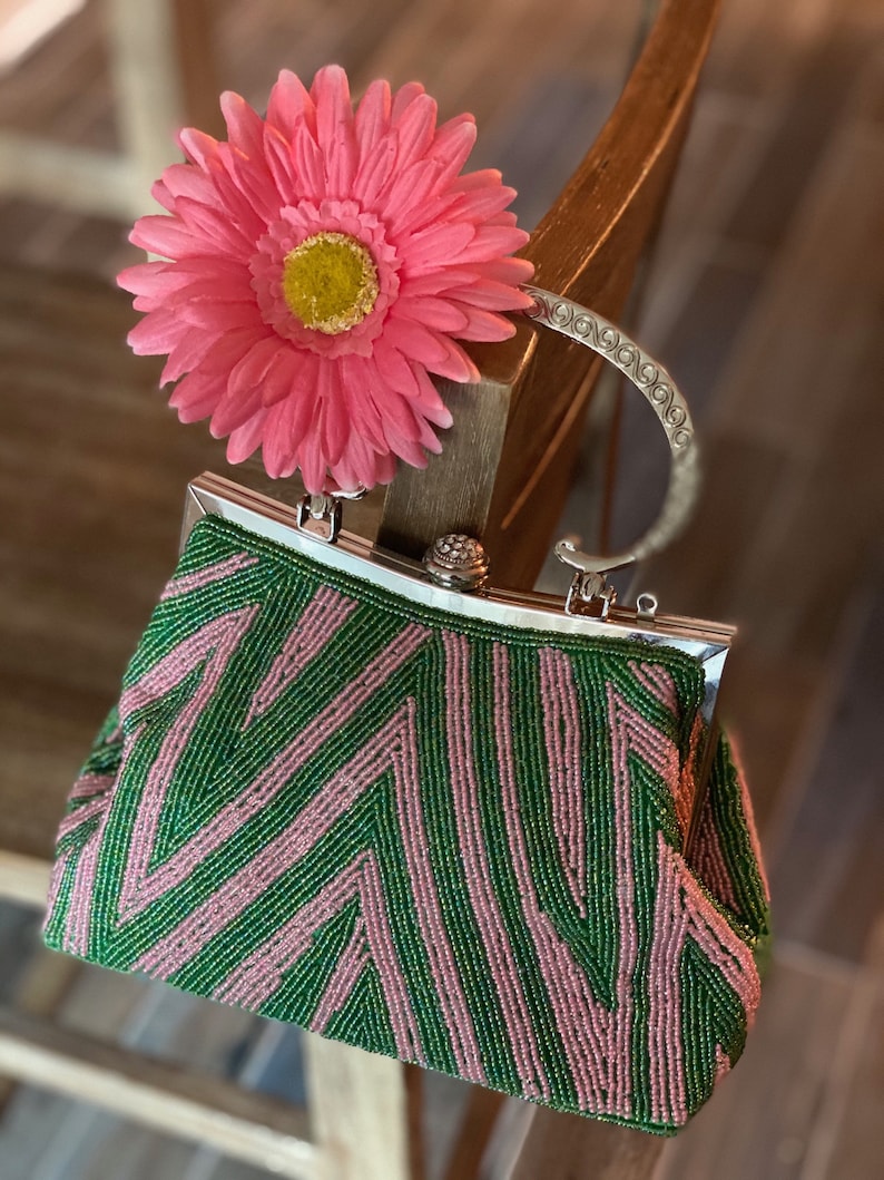 IN STOCK NOW Salmon Pink and Candy Apple Green Vintage Style Beaded Handbag with Kiss Close Handle image 1