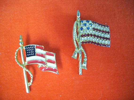 Two Vintage American Flag Pins Brooches, Rhinesto… - image 1