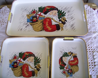 Vintage Japan Fiberglass Lacquer Stacking Serving Trays, Holiday Serving Trays, Santa Trays