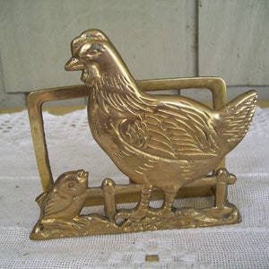 Vintage Brass Hen with Chick Napkin Holder, Farmhouse Kitchen image 2