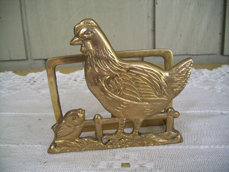 Vintage Brass Hen with Chick Napkin Holder, Farmhouse Kitchen image 2